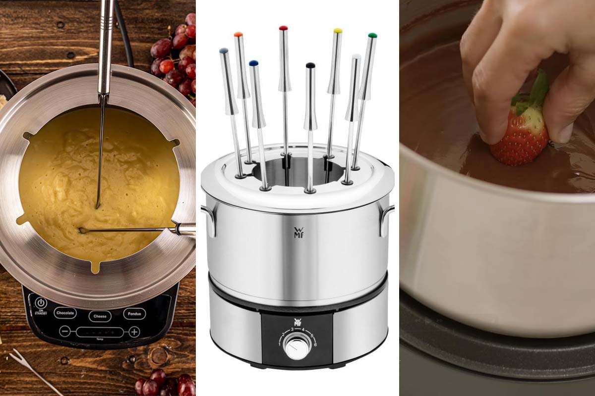 Dreigeteiltes Bild- links: Blick in einen Fondue Topf, dem dem eine orangene Suppe ist, Mitte Productshot Fondueset, rechts: eine Hand taucht eine Erdbeere in Schokofondue