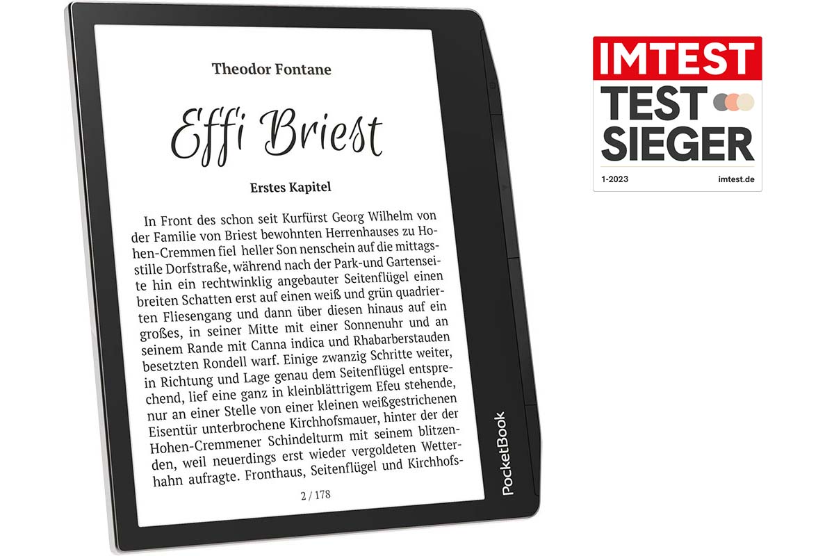 Produktshot eBook-Reader mit Testsieger-Grafik