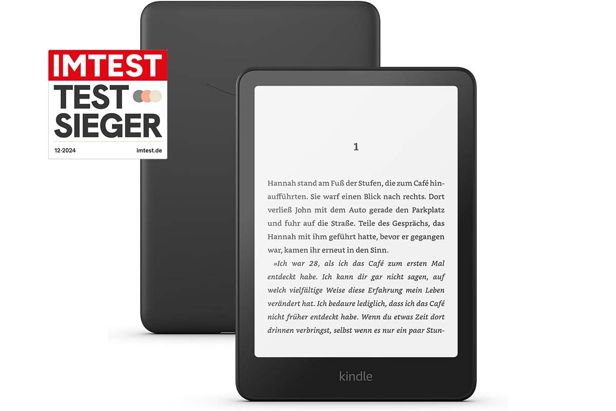 Productshot eBook-Reader von vorne und hinten nebeneinander, dazu Testsieger- Grafik