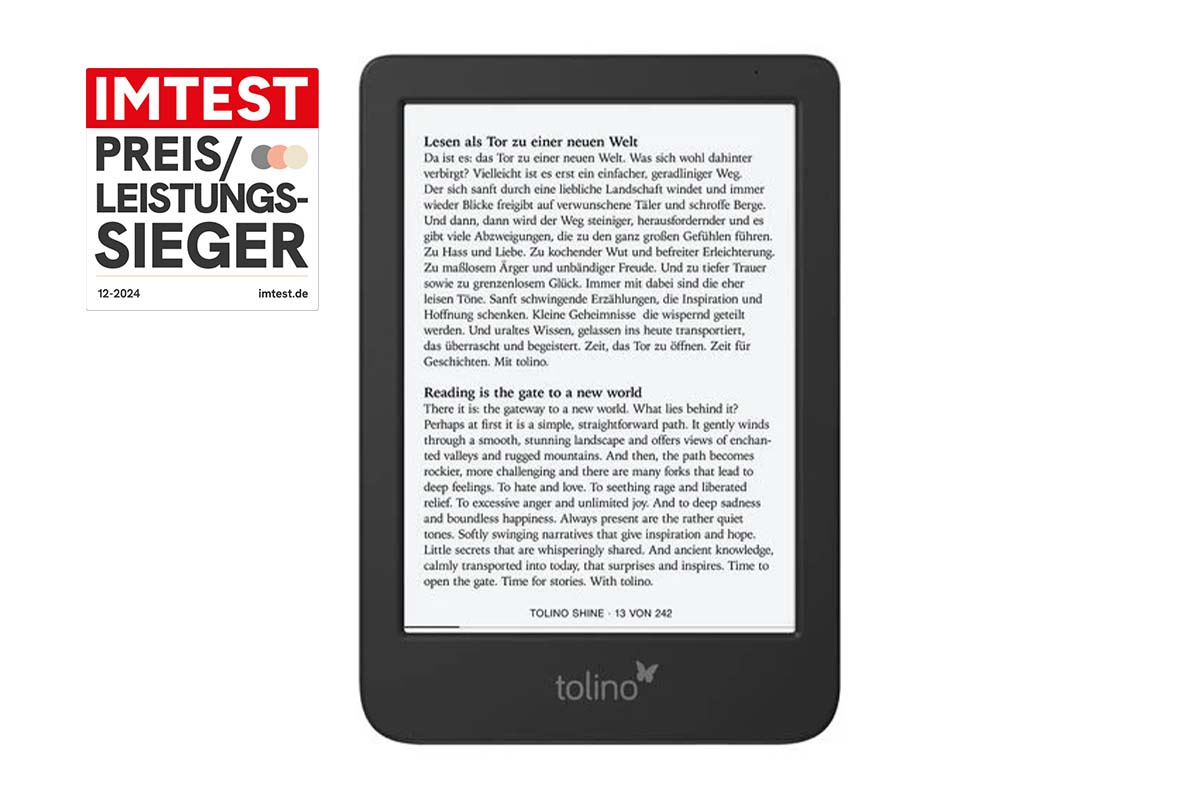 Productshot E-Book-Reader mit Preis-LEistungssieger-Grafik