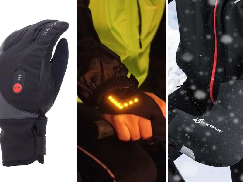 Dreigeteiltes Bild: links PRoductshot Handschuh, MItte Nahaufnahme Handschuh mit Blinker, rechts Muff für Fahrradgriff