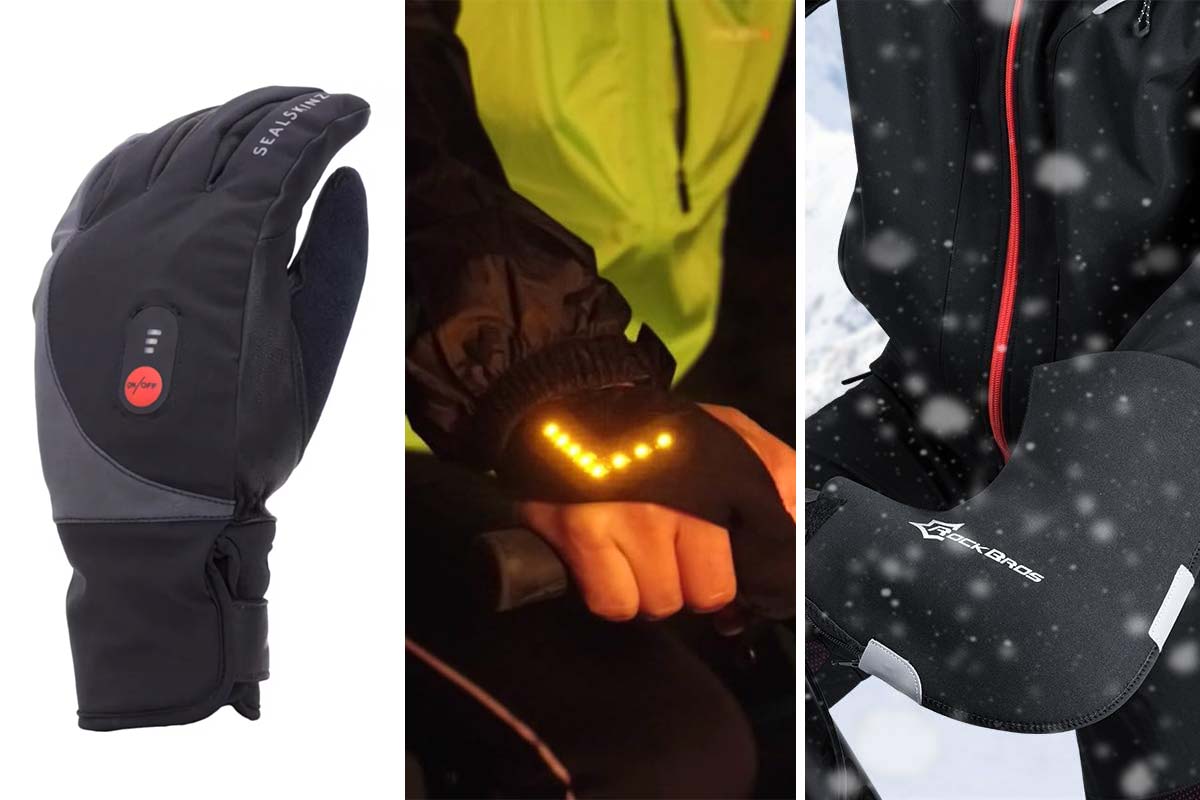 Dreigeteiltes Bild: links PRoductshot Handschuh, MItte Nahaufnahme Handschuh mit Blinker, rechts Muff für Fahrradgriff