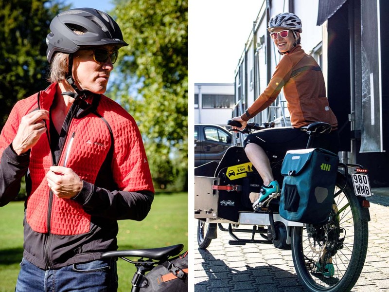 zweigeteiltes Bild: links Mann mit Fahrradhelm und FAhrradtrikot neben seinem Rad, rechts Person von hinten auf einem S-Pedelec, das eine Fahrradtasche befestigt hat