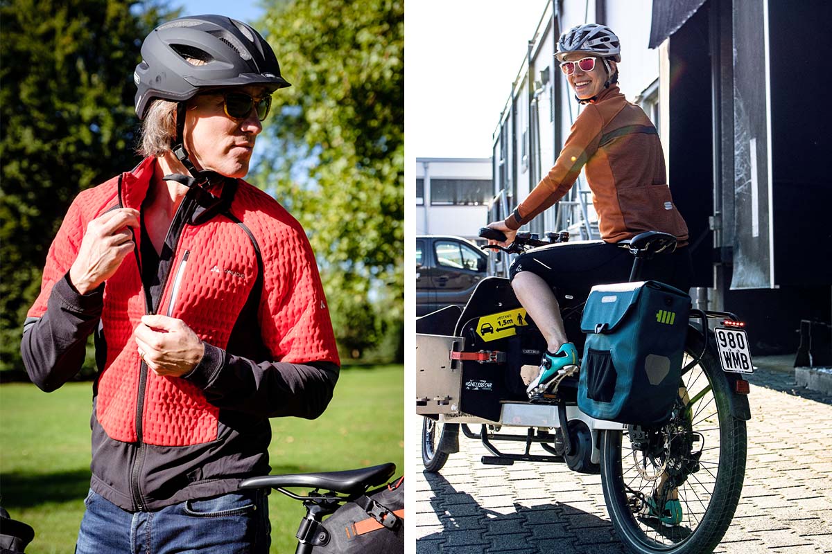 zweigeteiltes Bild: links Mann mit Fahrradhelm und FAhrradtrikot neben seinem Rad, rechts Person von hinten auf einem S-Pedelec, das eine Fahrradtasche befestigt hat