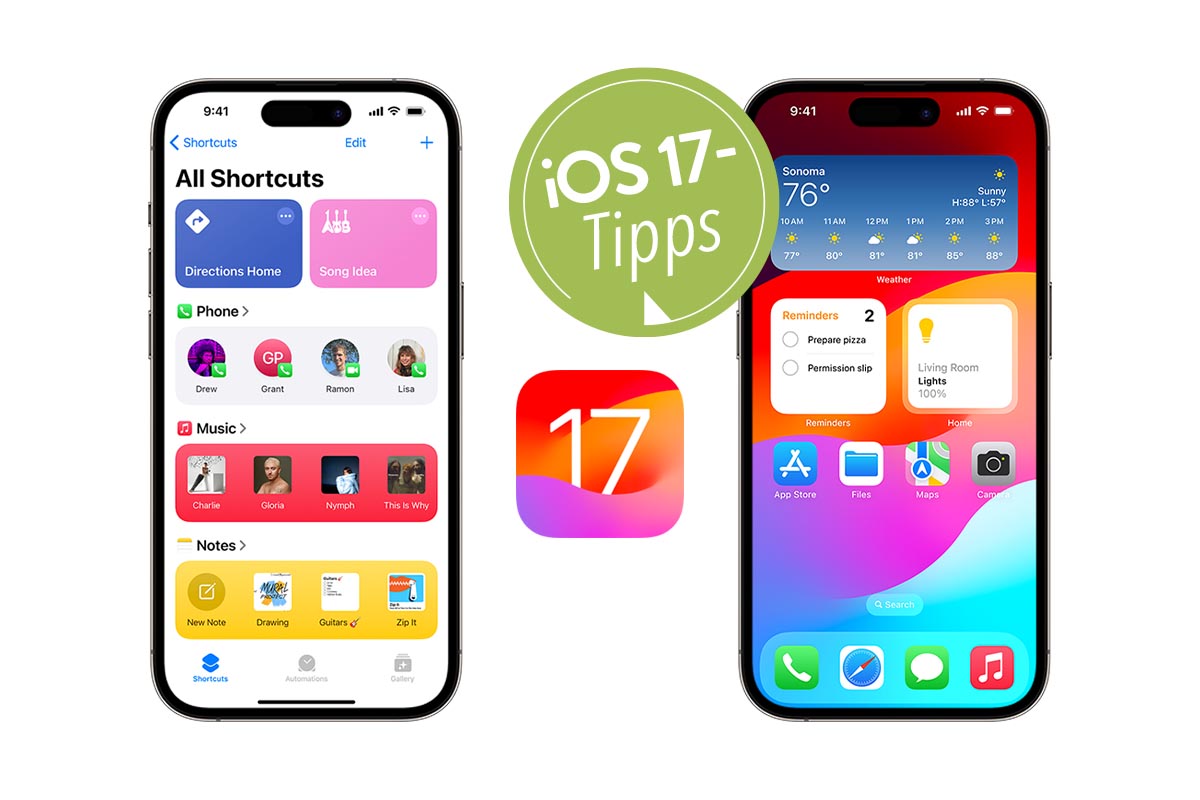 Zwei Screenshots des iOS 17 Betriebssystems auf iPhones.