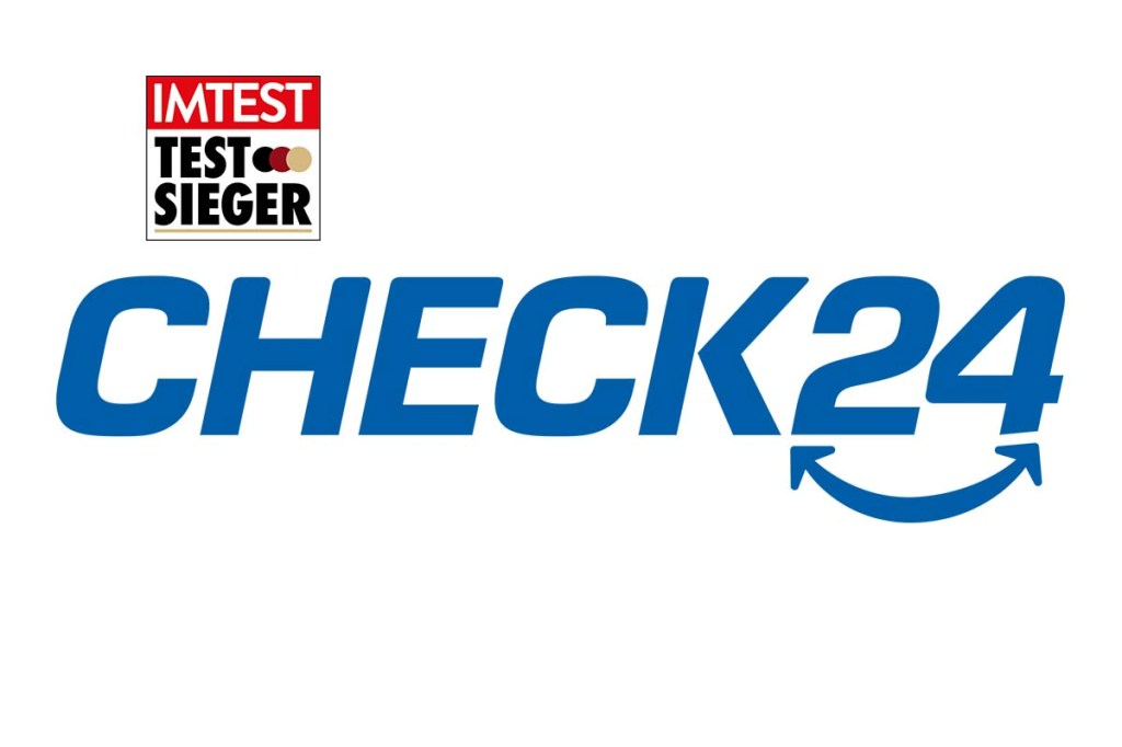 Logo Check24 auf weißem Hintergrund, dazu Testsieger-Siegel