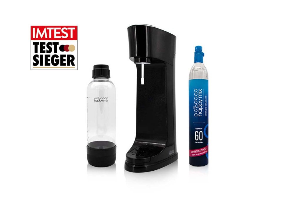 Productshot Wassersprudler mit Flasche und Patrone, dazu Testsieger-Grafik