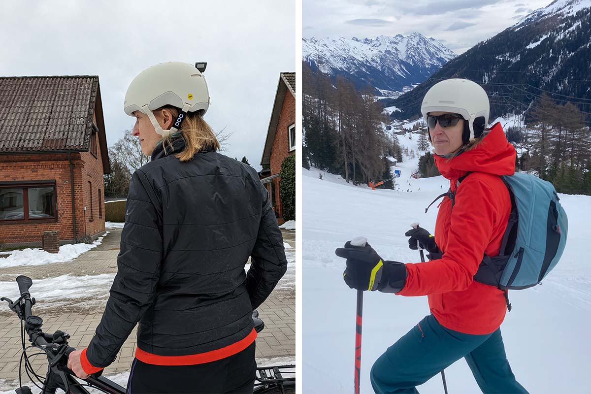 zweigeteiltes Bild: links Frau von hinten mit weißem Fahrradhelm, rechts Frau auf Skipiste mit weißem Helm