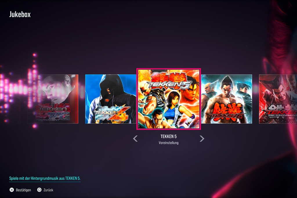 Ein Bild aus dem Videospiel Tekken 8, es zeigt die Jukebox des Spiels, wo man sich Musik anhören kann.