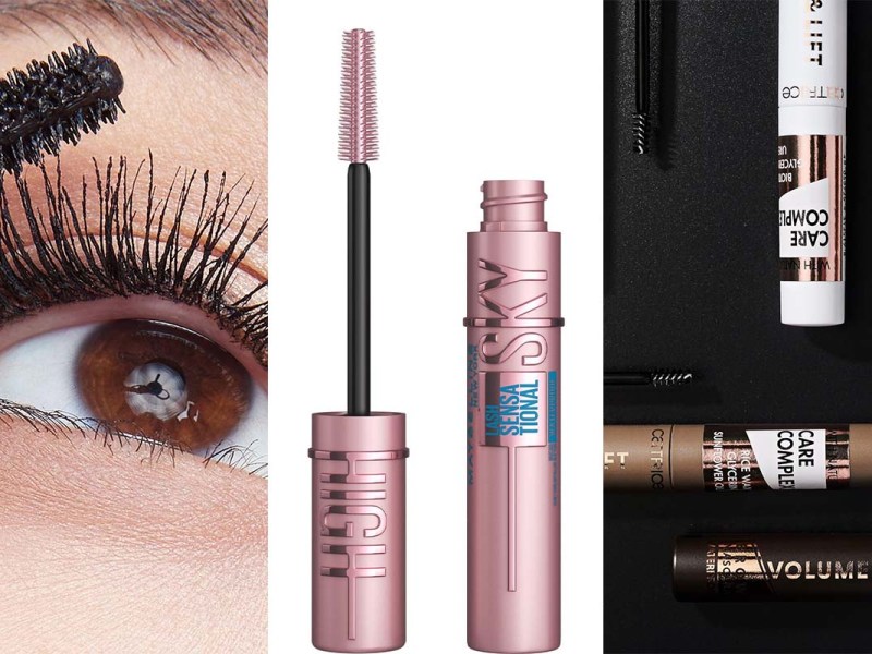 Dreigeteiltes Bild, links Nahaufnahme Auge mit Mascara, rechts und mitte Productshots Mascara