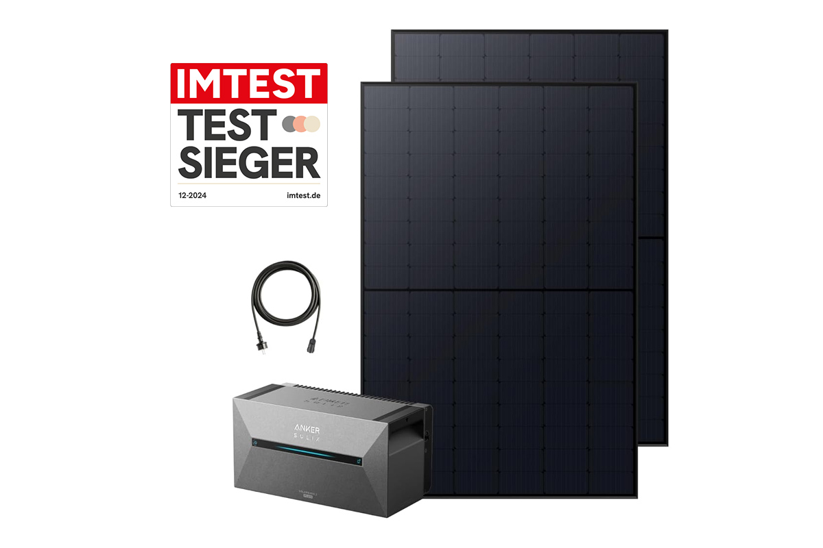 Anker Solix Solarbank 2 E1600 Pro System auf weißem Hintergrund. Daneben das IMTEST-Testsieger-Siegel für 12-2024.