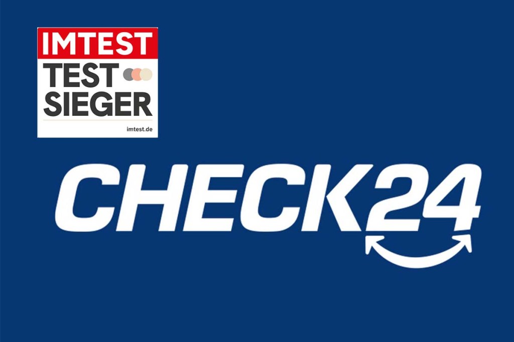 Logo Check24 auf blauem Untergrund mit Testsieger Siegel