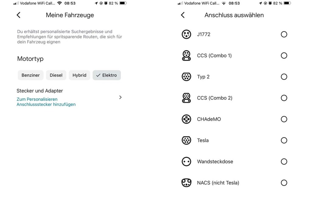 Zwei Screenshots von den Einstellung der Google Maps App