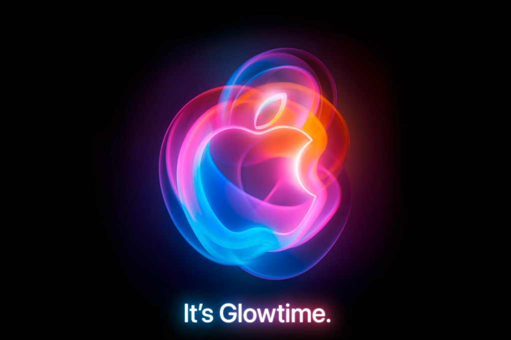 Ein bunt leuchtendes Apple-Logo vor schwarzen Hintergrund. Darunter das Motto. "It's glowtime".