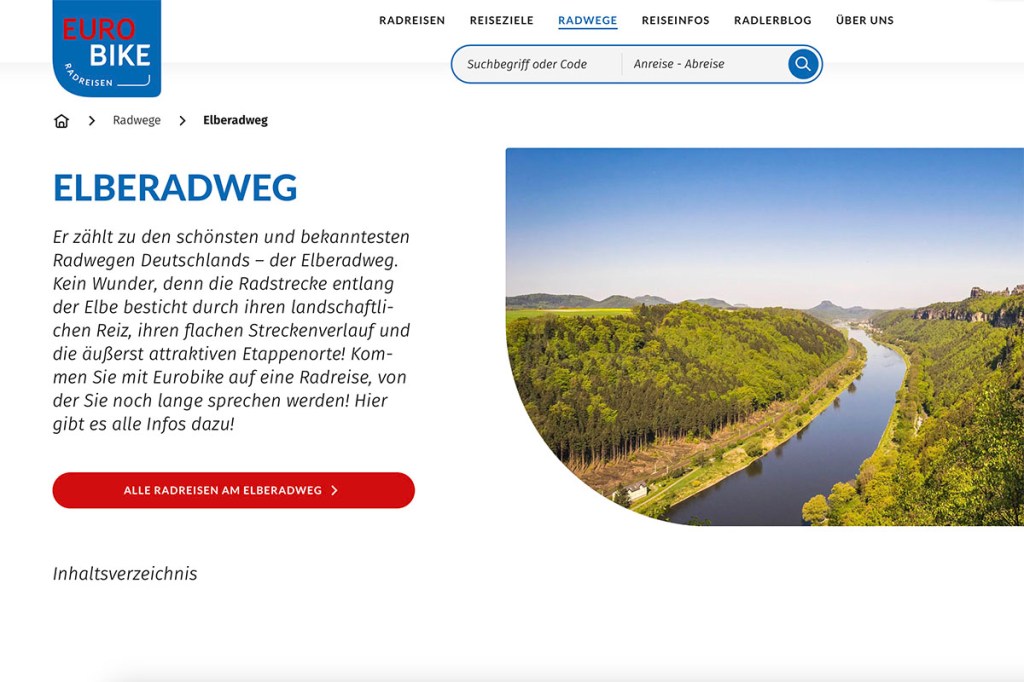 Screenshot der Startseite vom Radreise-Anbieter Eurobike-Radreisen der ein Bild vom Elberadweg zeigt.