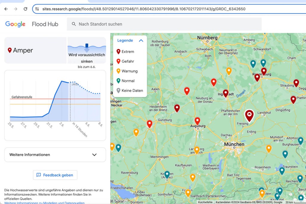 Screenshot Flood Map Raum Nürnberg / München