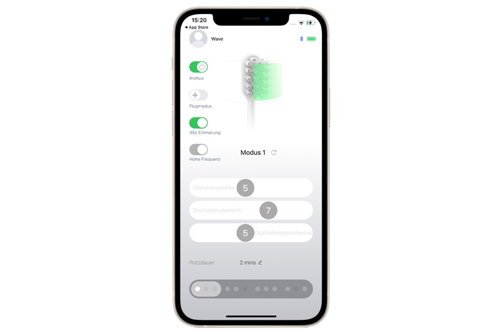 Ein Screenshot der Laifen-App mit verbundener Wave-Zahnbürste.