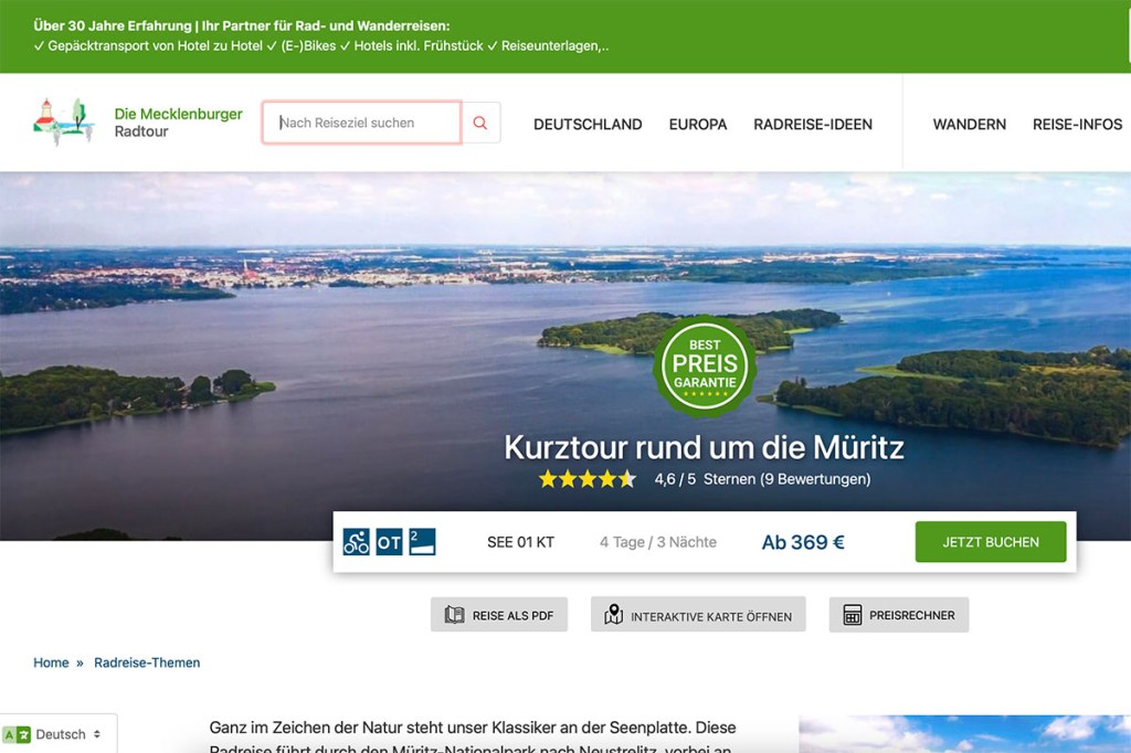 Screenshot der Startseite vom Radreise-Anbieter Die Mecklenburger Radtour der ein Bild von der Seen- und Flusslandschaft der Müritz zeigt.