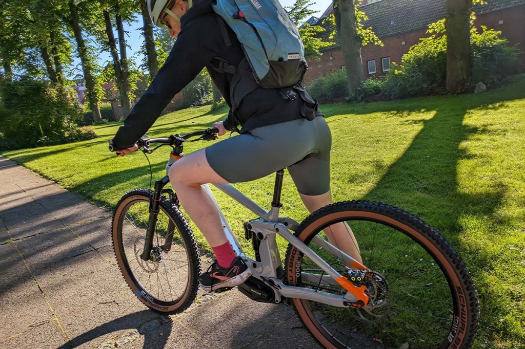 Person von hinten, sitzt auf einem FAhrrad, Park im Hintergrund