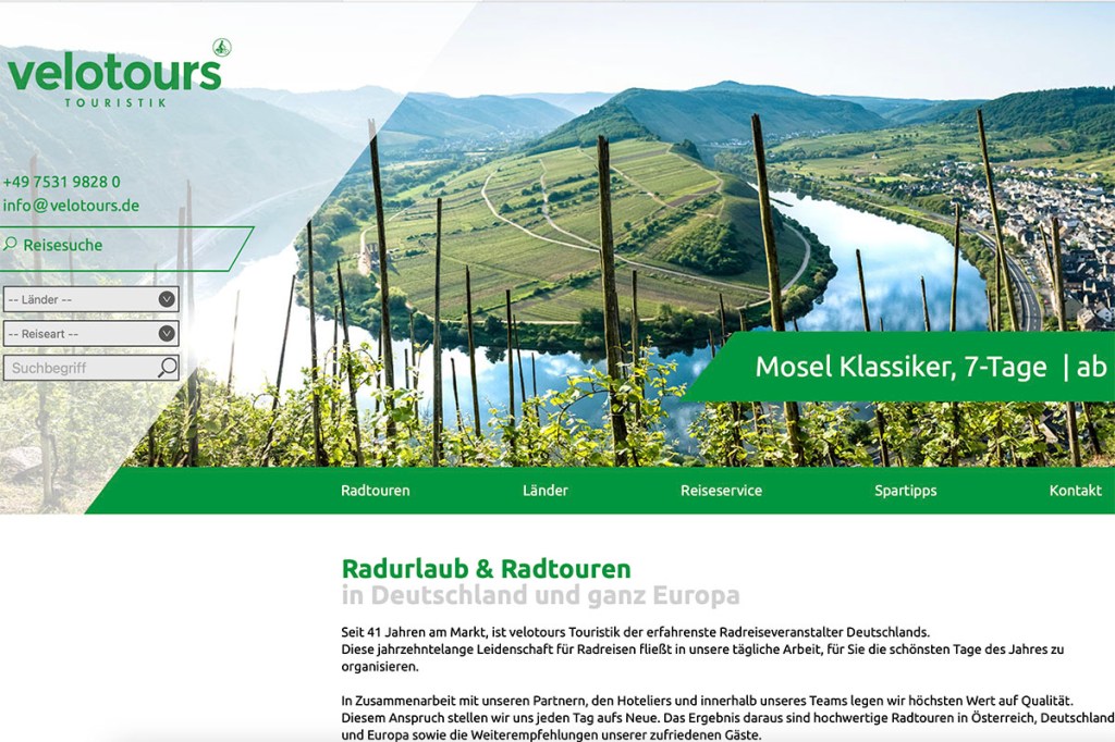Screenshot der Startseite vom Radreise-Anbieter Velotours Touristik der ein Bild der Moselschleife zeigt.