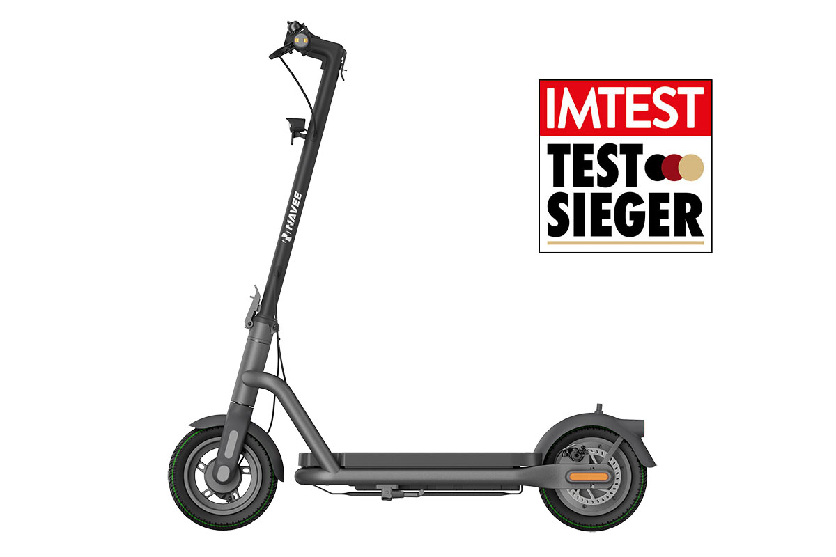 E-Scooter Navee N65i im Profil vor weißem Hintergrund mit Testsieger-Siegel von IMTEST