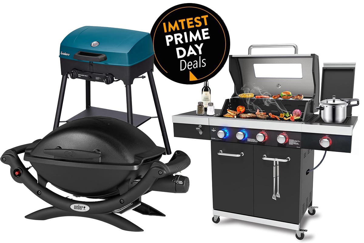 Drei Gasgrills als Kollage auf weißem Hintergrund, dazu Amazon Prime Button