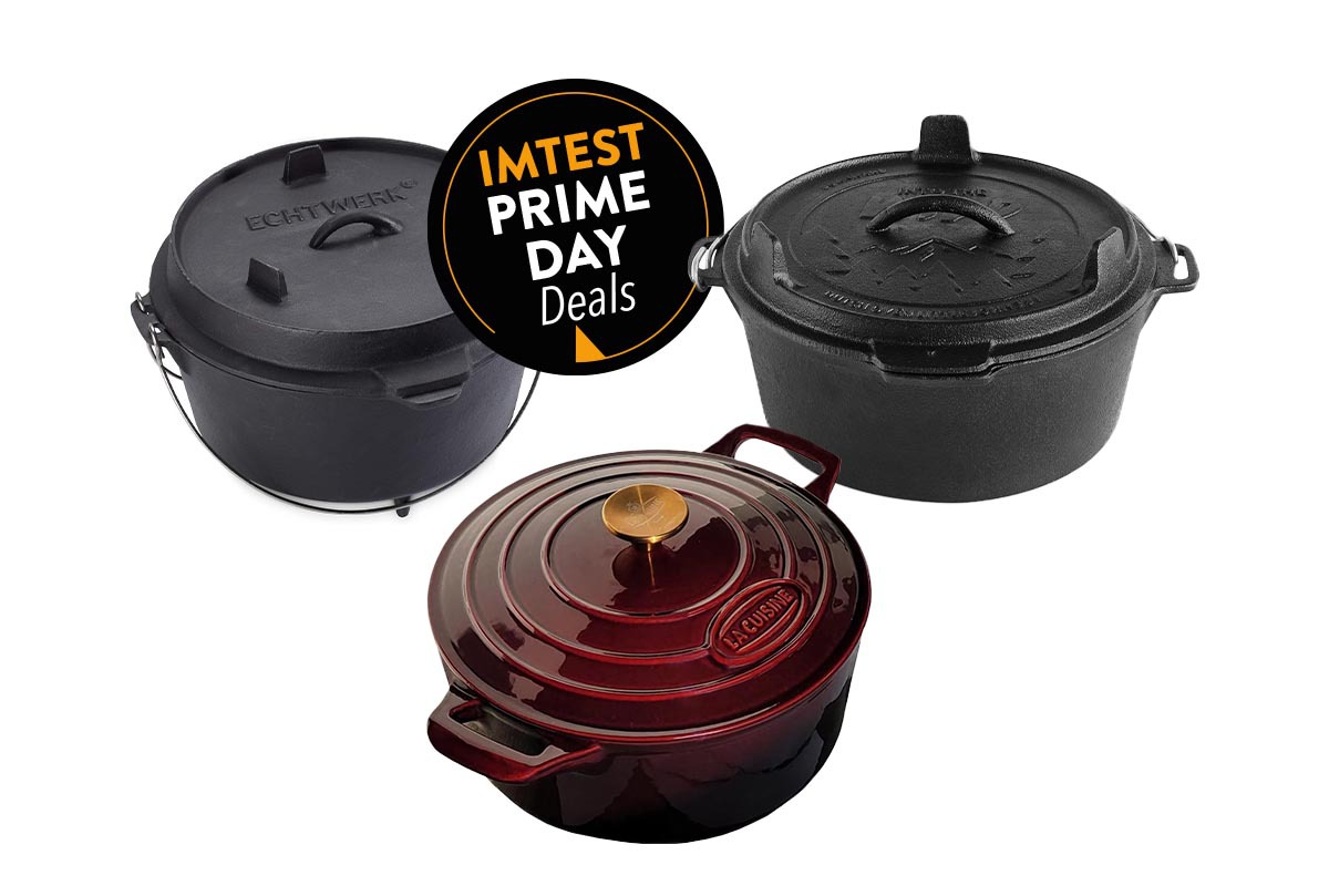 Drei Dutch Ovens auf weißem Hintergrund, dazu der Amazon Prime Button