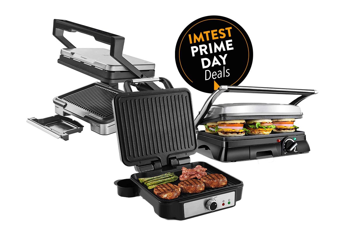 Kollage dreier Kontaktgrills auf weißem Untergrund, dazu Amazon Prime Day Button