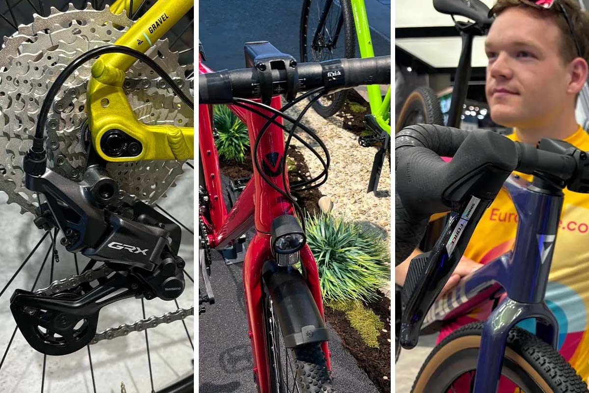 Dreigeteiltes Bild: links: Nachaufnahme Fahrradschaltung, Mitte: rotes Gravelbike von vorne, rechts Person im Anschnitt, die ein Fahrrad über den Schultern trägt