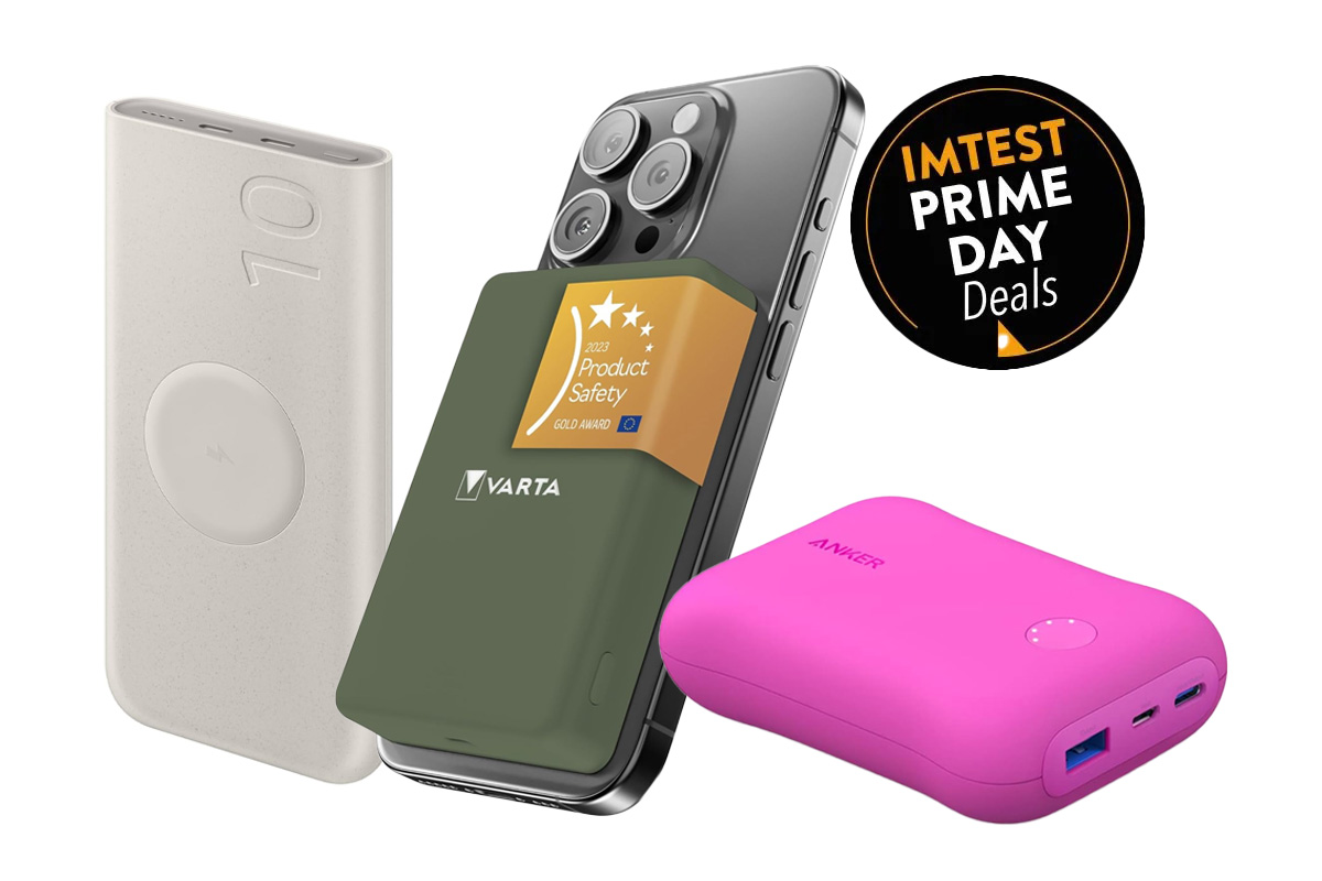 Verschiedene Powerbanks auf weißem Hintergrund. In der Ecke ein "IMTEST Prime Day"-Button.