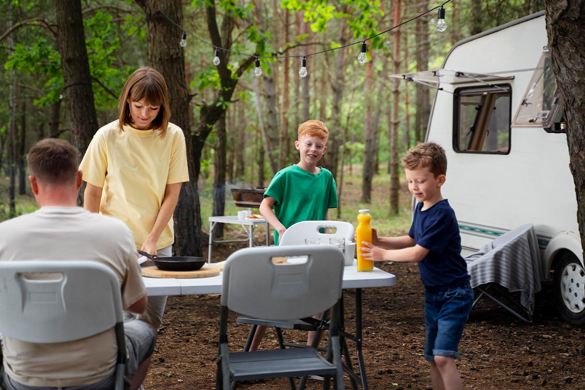 Familie an einem Tisch im Wald neben einem Camper.