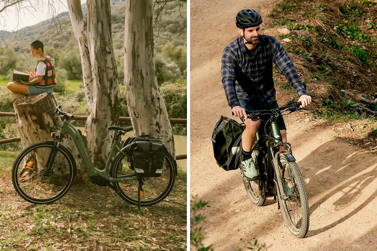 Zwei Personen auf Trekking E-Bikes auf einem zweigeteiltem Bild.