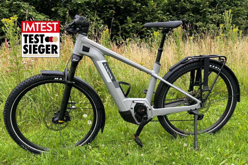 E-Bike von der Seite auf einer Wiese stehend, dazu Testsieger-Logo