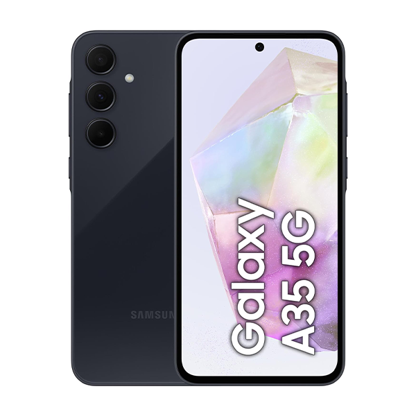 Das Samsung Galaxy A35 5G vor weißem Hintergrund.