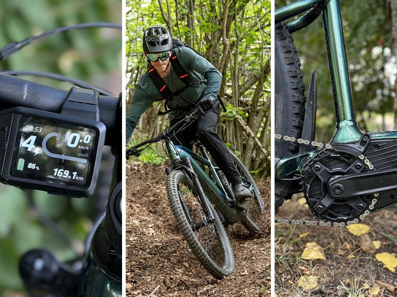 Person fährt auf einem Hardtail von Rockrider in einem Wald.