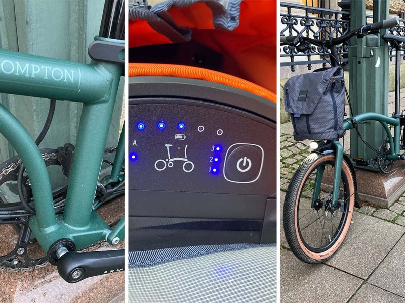 Dreigeteiltes Bild: links Detailbild Fahrradrahmen in grün, Mitte Detailbild Bedienfeld Akku eines E-Bikes, rechts Falt-E-Bike schräg von vorne