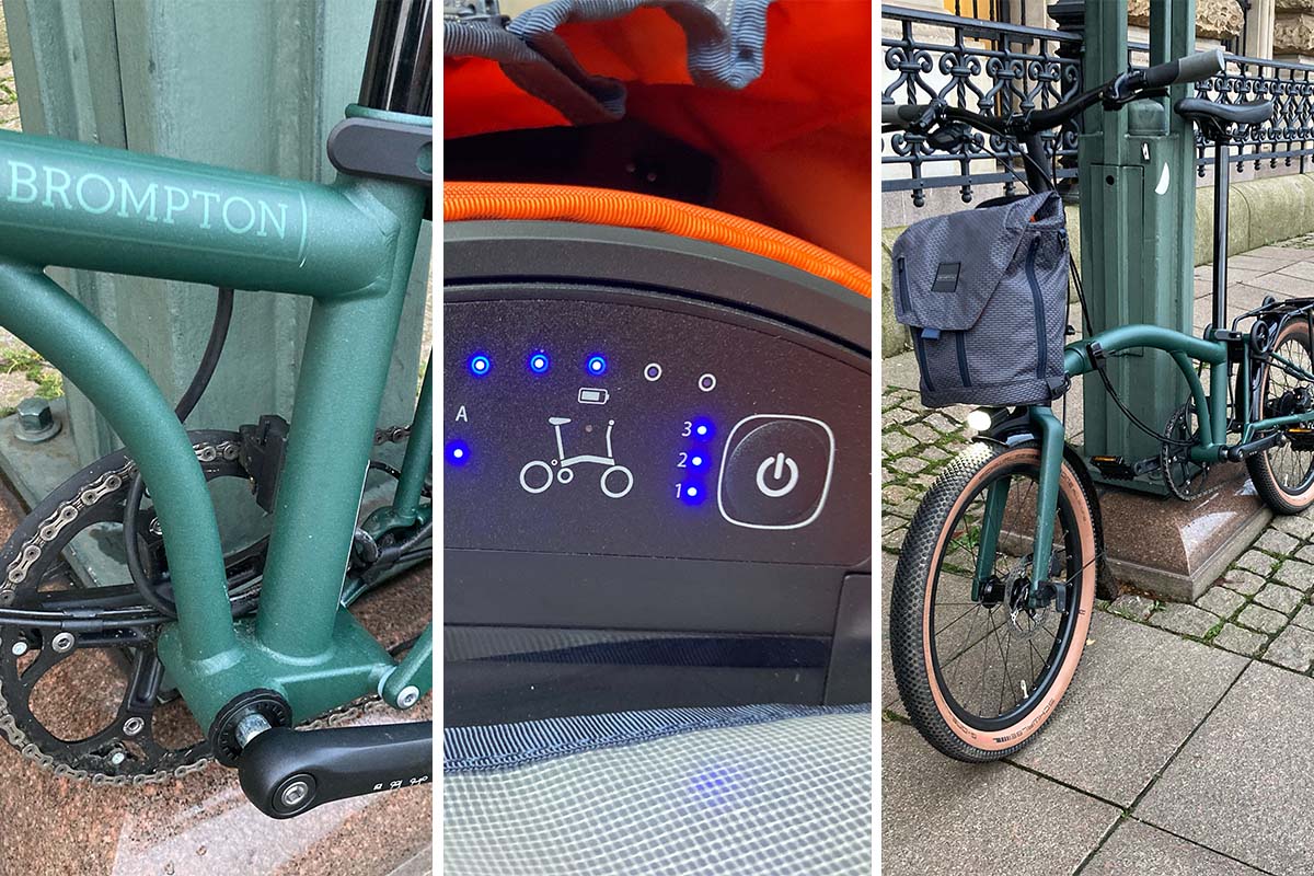 Dreigeteiltes Bild: links Detailbild Fahrradrahmen in grün, Mitte Detailbild Bedienfeld Akku eines E-Bikes, rechts Falt-E-Bike schräg von vorne