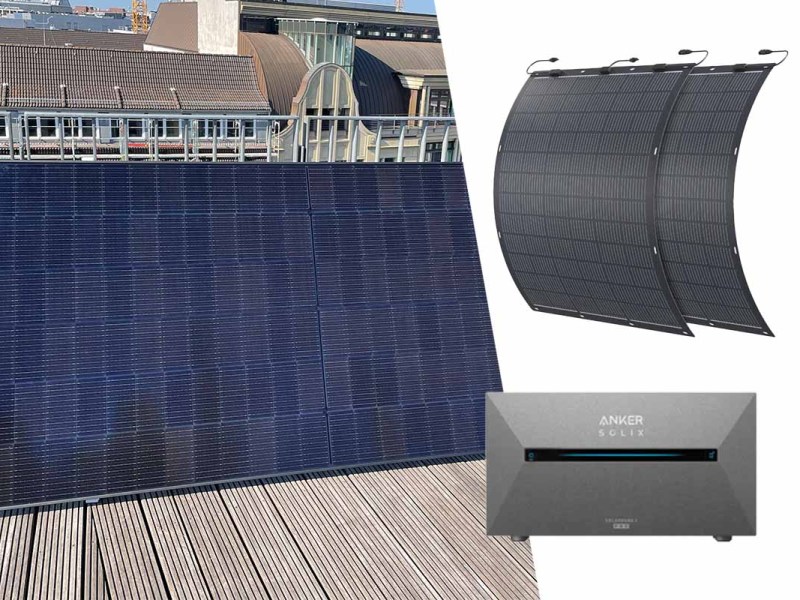 Ein Solarpanel auf einer Dachterrasse, daneben die Anker Solix Solarbank 2 E1600 Pro und flexible Panels auf weißem Hintergrund.