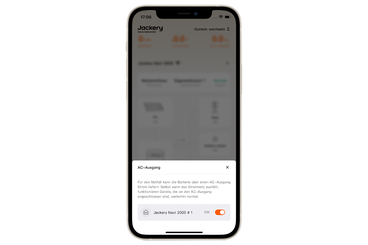 Ein Screenshot der Jackery-Home-App mit verbundenem Navi-2000-Balkonkraftwerk.