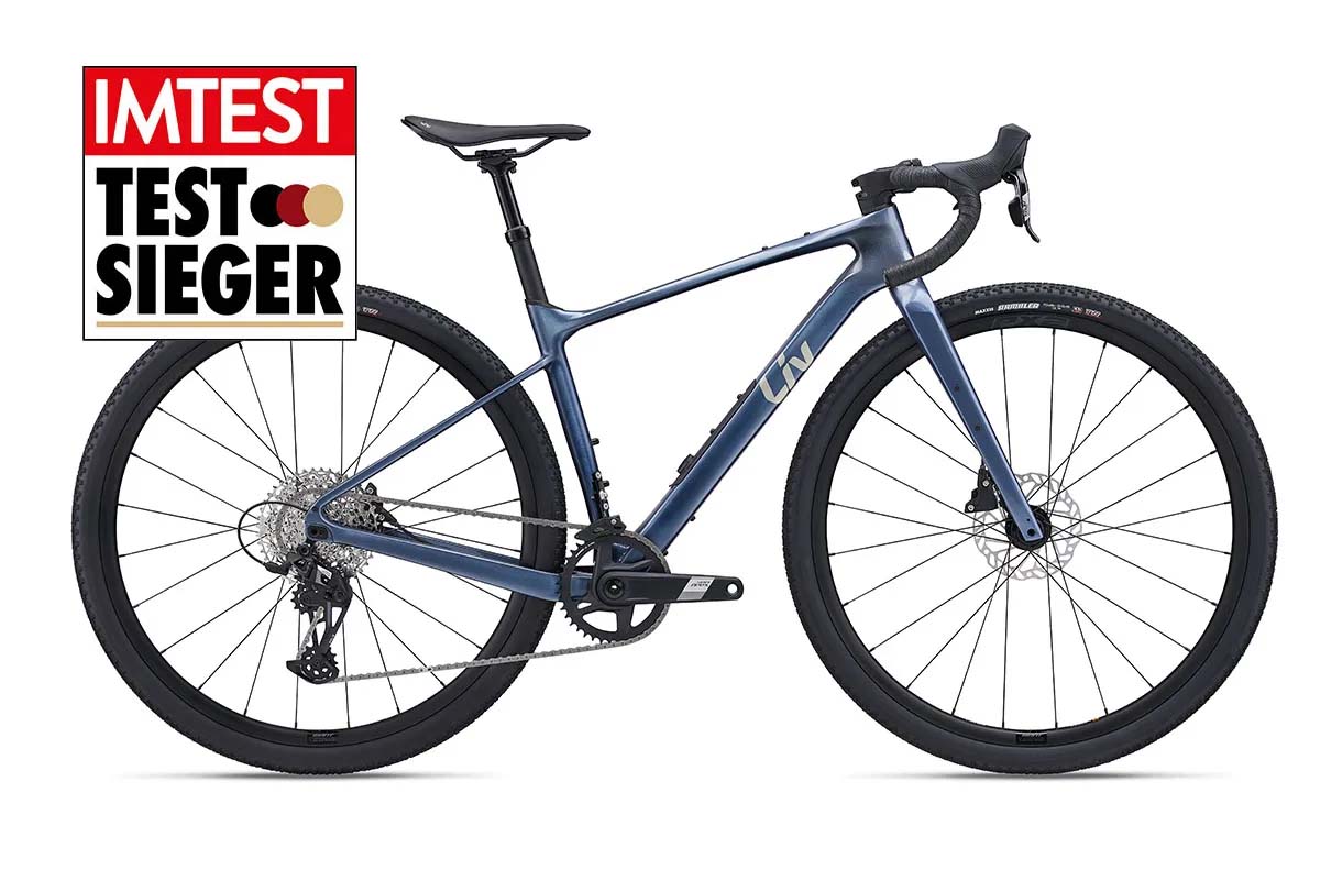 Productshot blaues Gravelbike mit Testsieger Siegel