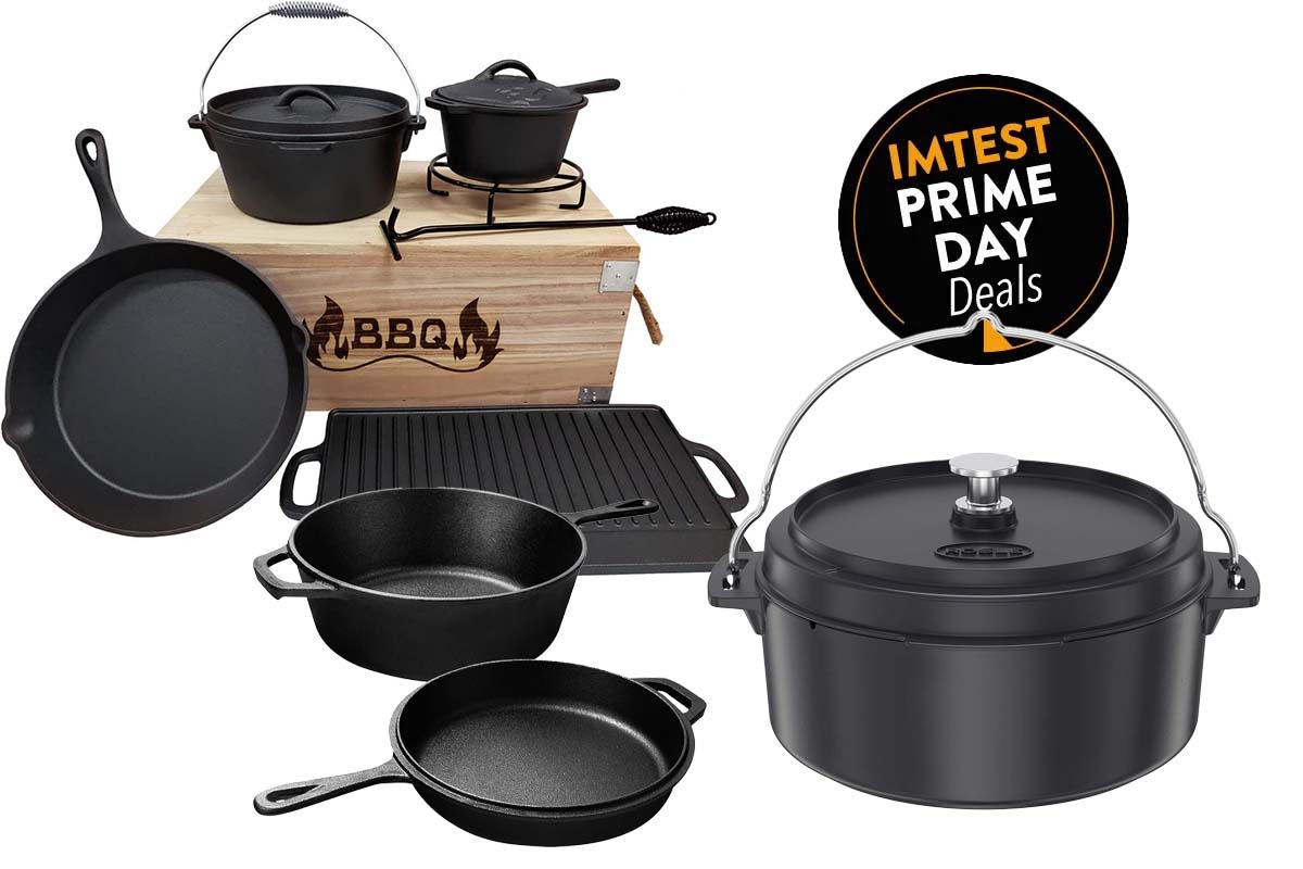 Mehrere DutchOvens in einer Kollage auf weißem Untergrund, dazu Prime Day Button