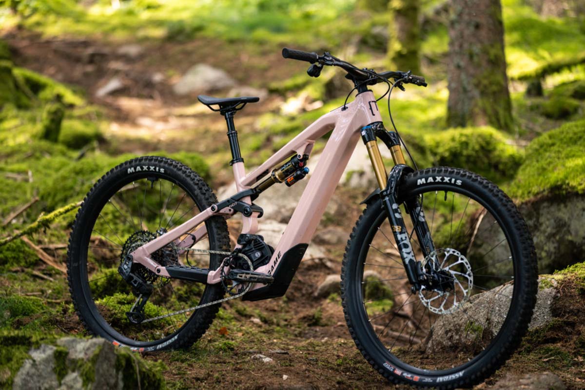 pinkfarbenes E-Mountainbike im Wald stehend