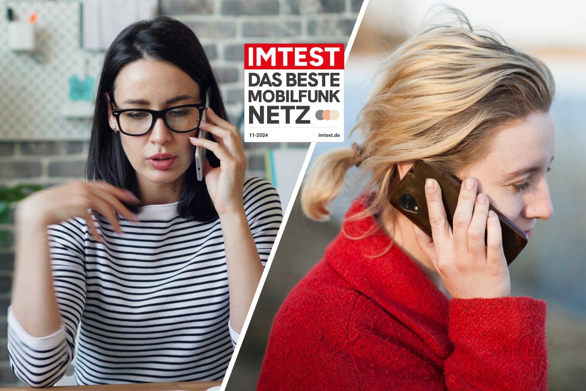 Zwei Personen auf einem zweigeteiltem Bild, die telefonieren.