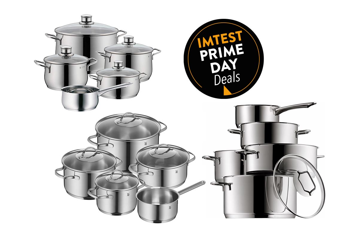 Drei Topfsets als Kollage auf weißem Hintergrund, dazu Amazon Prime Day Button