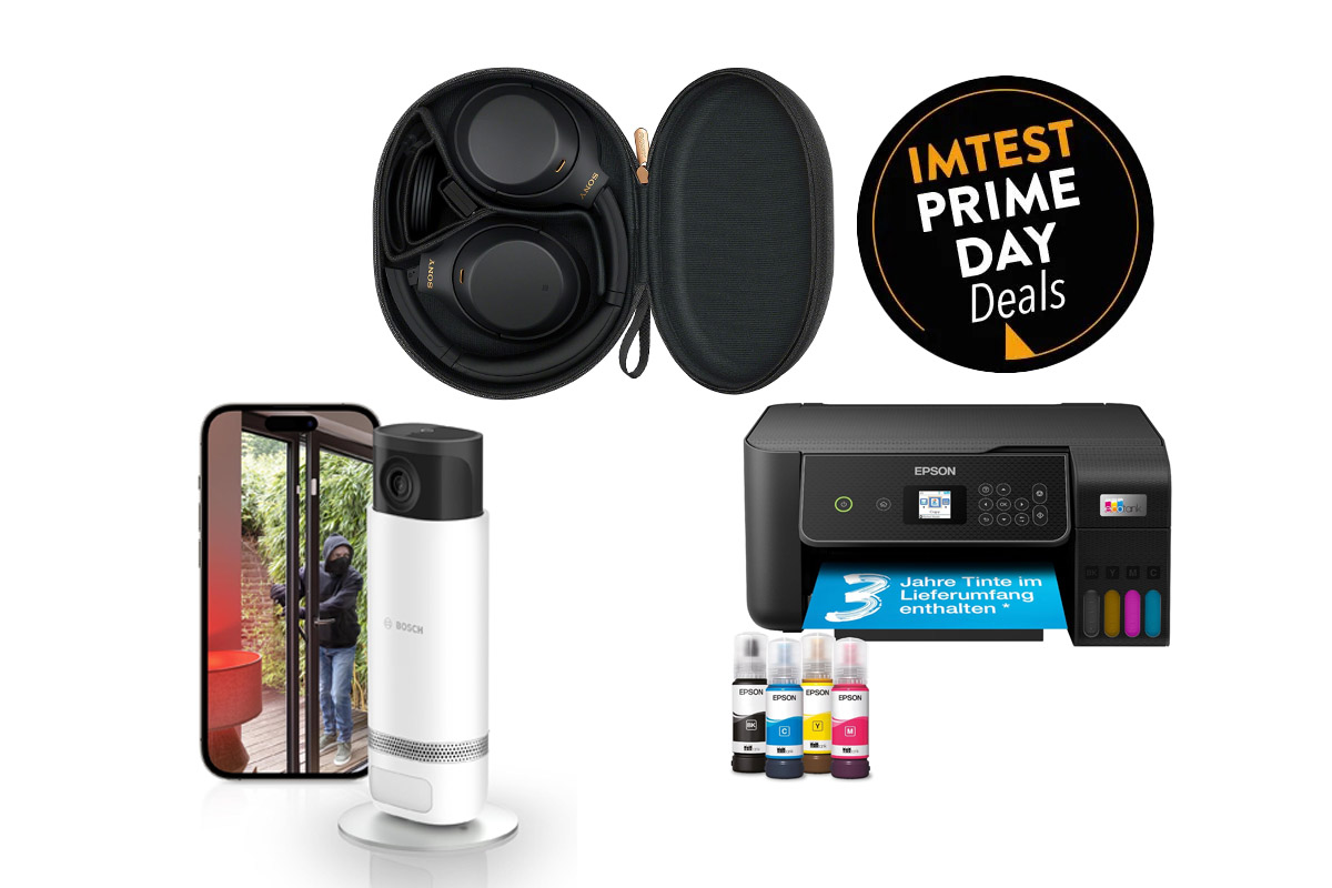 Verschiedene, technische Geräte auf weißem Hintergrund. Recht oben der IMTEST Button für den Prime Day.