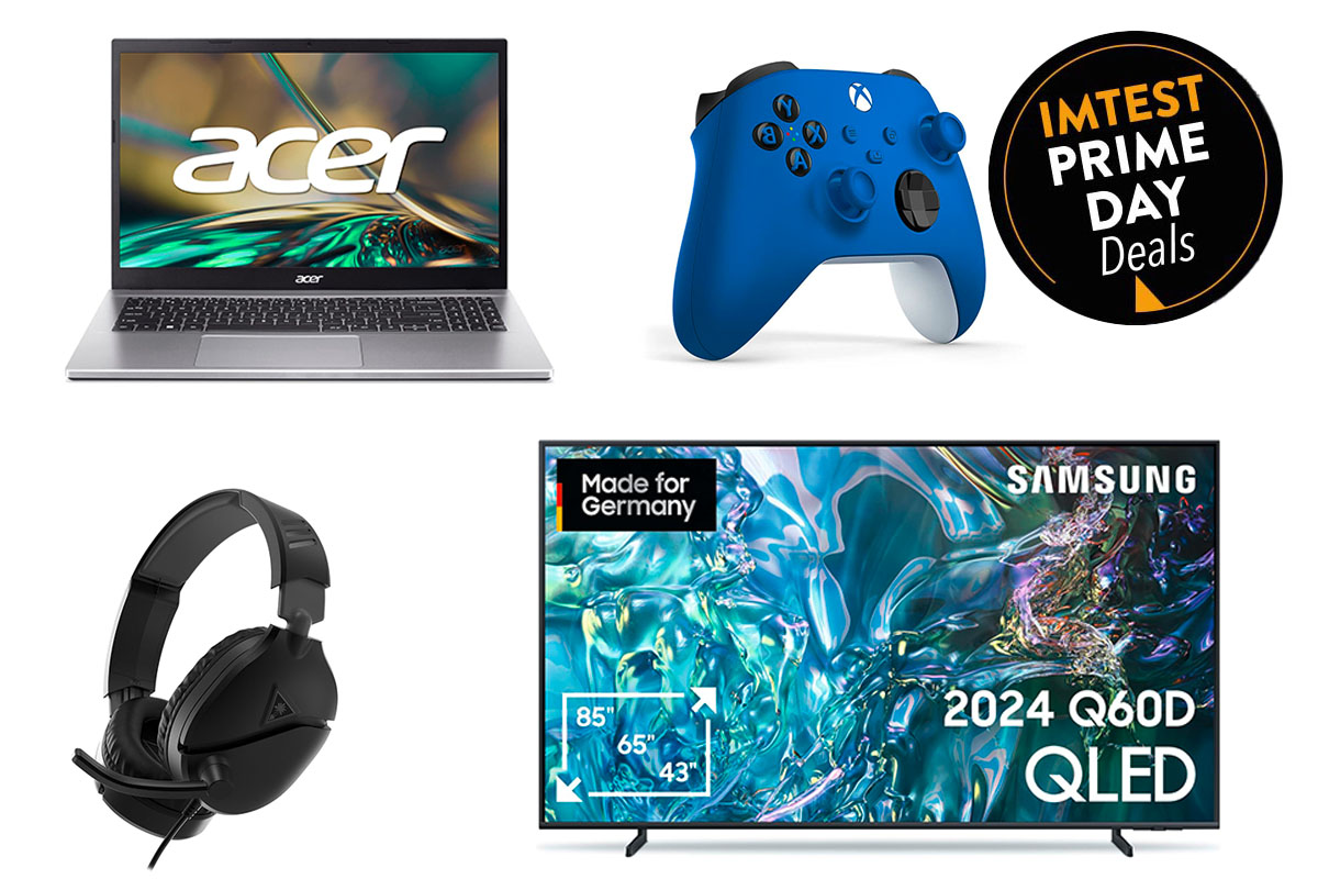 Notebook, Gaming.-Headset, Controler, Smart-TV vor weißem Hintergrund mit Prime Day-Siegel.