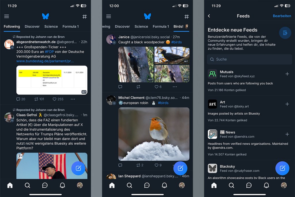 Die Feed- und Einstellungsbildschirme von Bluesky Social