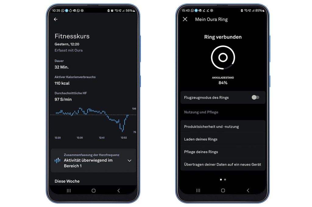 Zwei Screenshots aus der Oura App