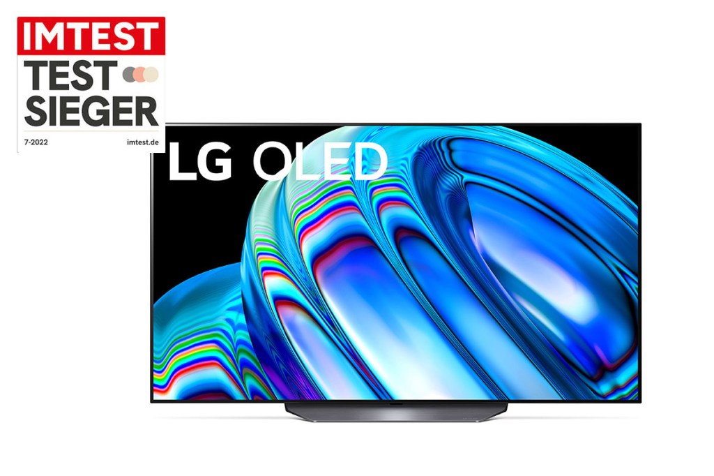 55 Zoll Fernseher von LG in direkter Ansucht mit eingeklinktem IMTEST TEstsieger-Siegel.