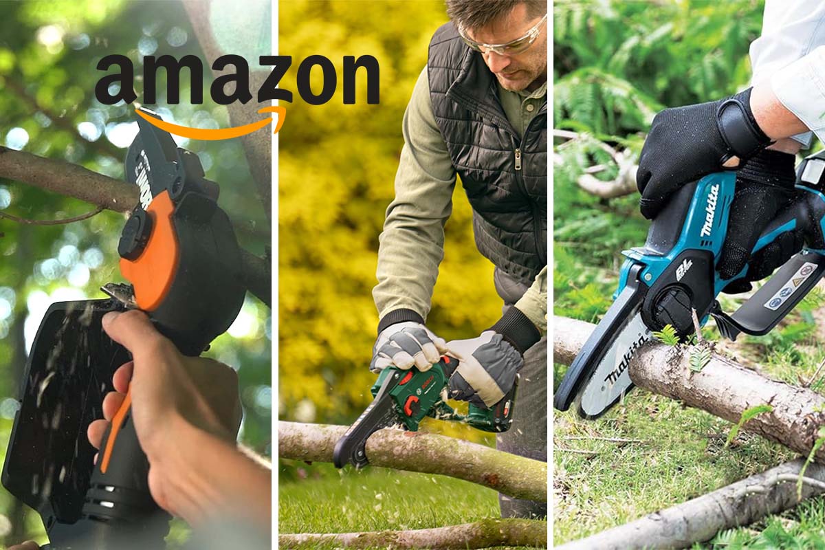 Dreigeteiltes Bild, auf allen sieht man eine Person mit einer Mini-Kettensäge in verschiedenen Arbeitssituationen, dazu AMazon-Logo